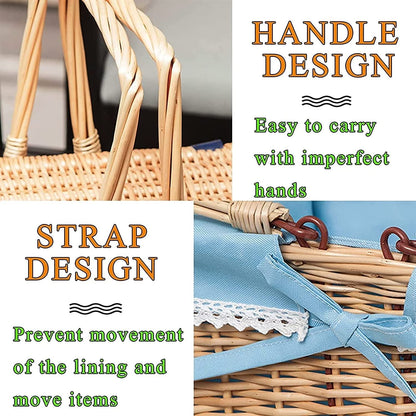 Storage Basket,Wicker Picnic for 4 Persons with Insulation Layer, Outdoor Hand Woven Fruit with Utensils Cutlery, Willow Hamper Service Gift