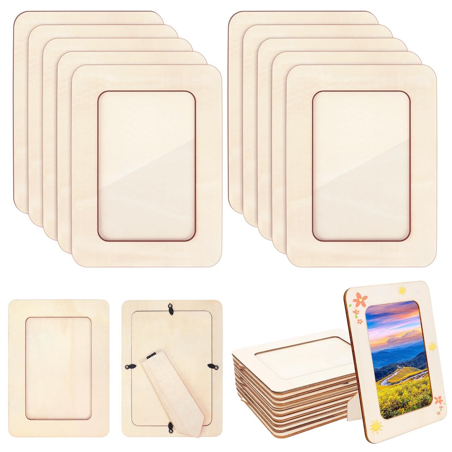 Vmiapxo 10 Pack Wooden Picture Frames for Crafts,DIY Wood Frame for 4x6 Photos,Unfinished Standing Wooden Photo Frames for Painting,Wood DIY Crafts Decorate for Birthday Party Mother's Day Gifts