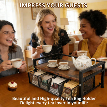 Tea Bag Holder, Tea Bag Organizer and Storage with Drawers, Tea Bags Organizer Natural Wood & Metal with 8 Compartments, Multi-Purpose Tea Rack Teabag Station Chest for Countertop, Kitchen, Office