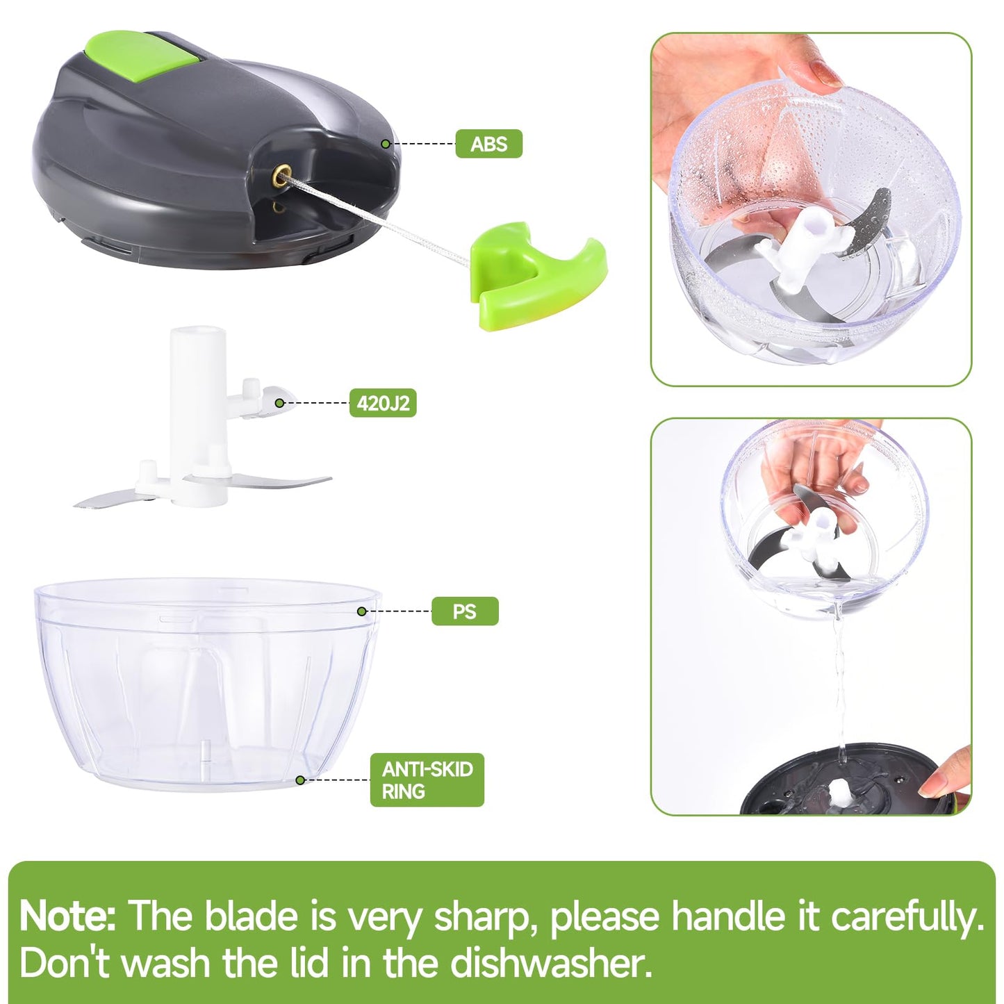 Ziweaye Manual Food Processor Vegetable Chopper, Portable Hand Pull String Garlic Mincer Onion Cutter for Veggies, Ginger, Fruits, Nuts, Herbs, etc., 500ml,（Gray-green）