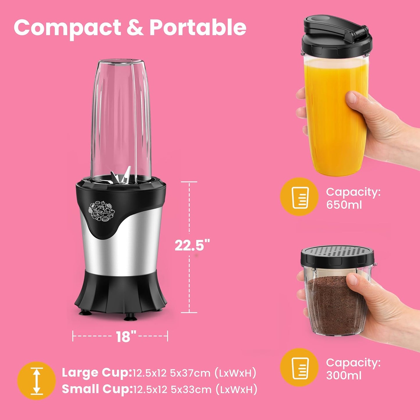 Suavo Smoothie Blender 1100W - Portable Personal Blender for Shakes & Smoothies with 2 * 22Oz To-Go Cups & Lids,