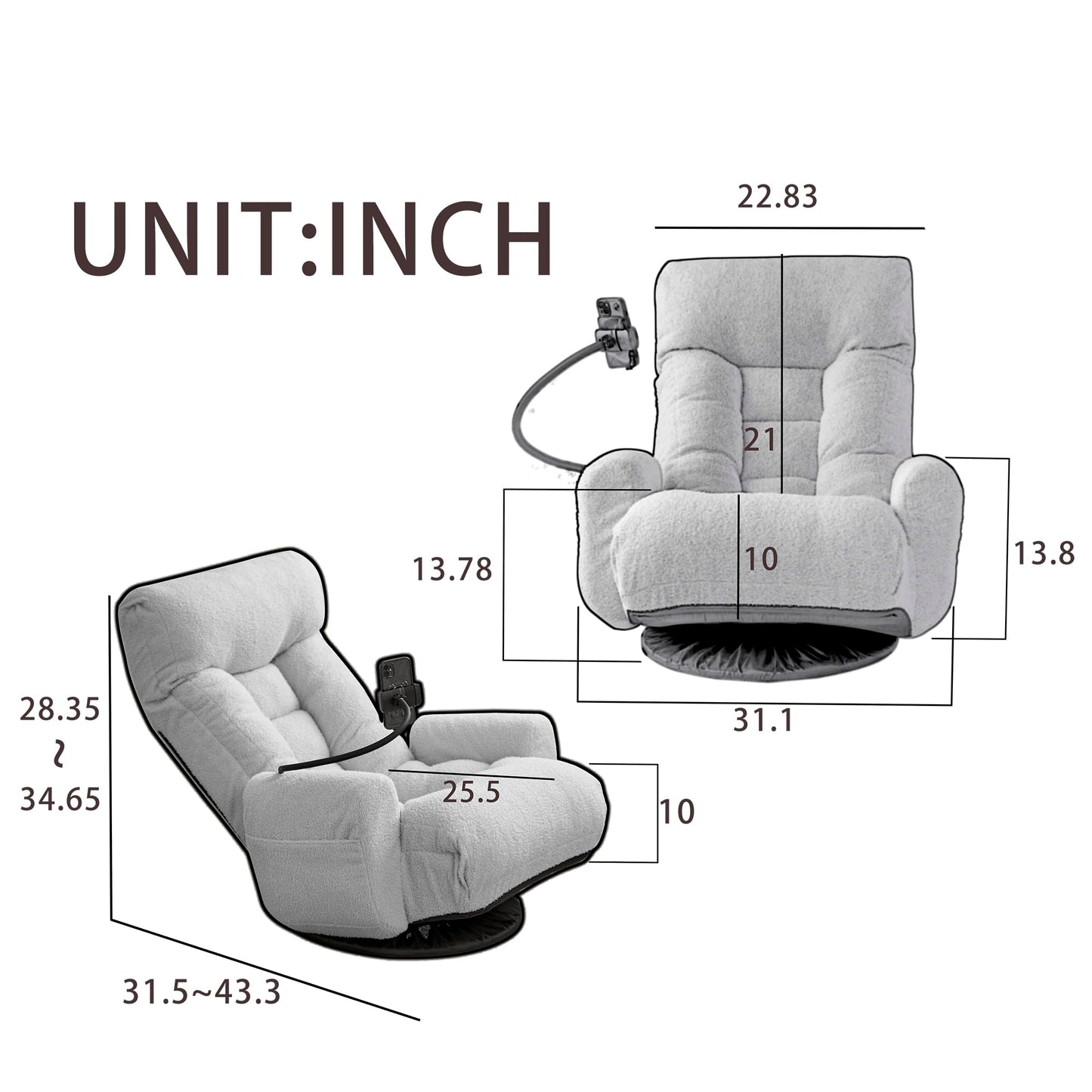 KEIKI Adjustable Swivel Accent Chair with Phone Holder, 360° Rotatable Sofa Chair with 5-Position Recline, Upholstered Single Sofa Chair for Living Room, Beige