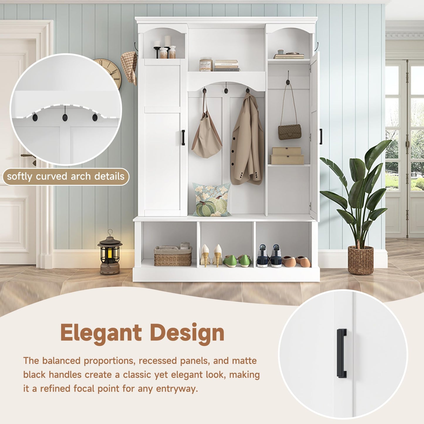 Merax Hall Tree with Bench and Shoe Storage 77.3" Tall with Adjustable Shelves, Modern All-in-One Entryway Bench with 2 Side Cabinets & 7 Hooks, Elegant Arched Design, 55.1"L x 15.7"W (White)