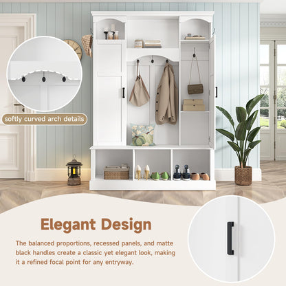 Merax Hall Tree with Bench and Shoe Storage 77.3" Tall with Adjustable Shelves, Modern All-in-One Entryway Bench with 2 Side Cabinets & 7 Hooks, Elegant Arched Design, 55.1"L x 15.7"W (White)