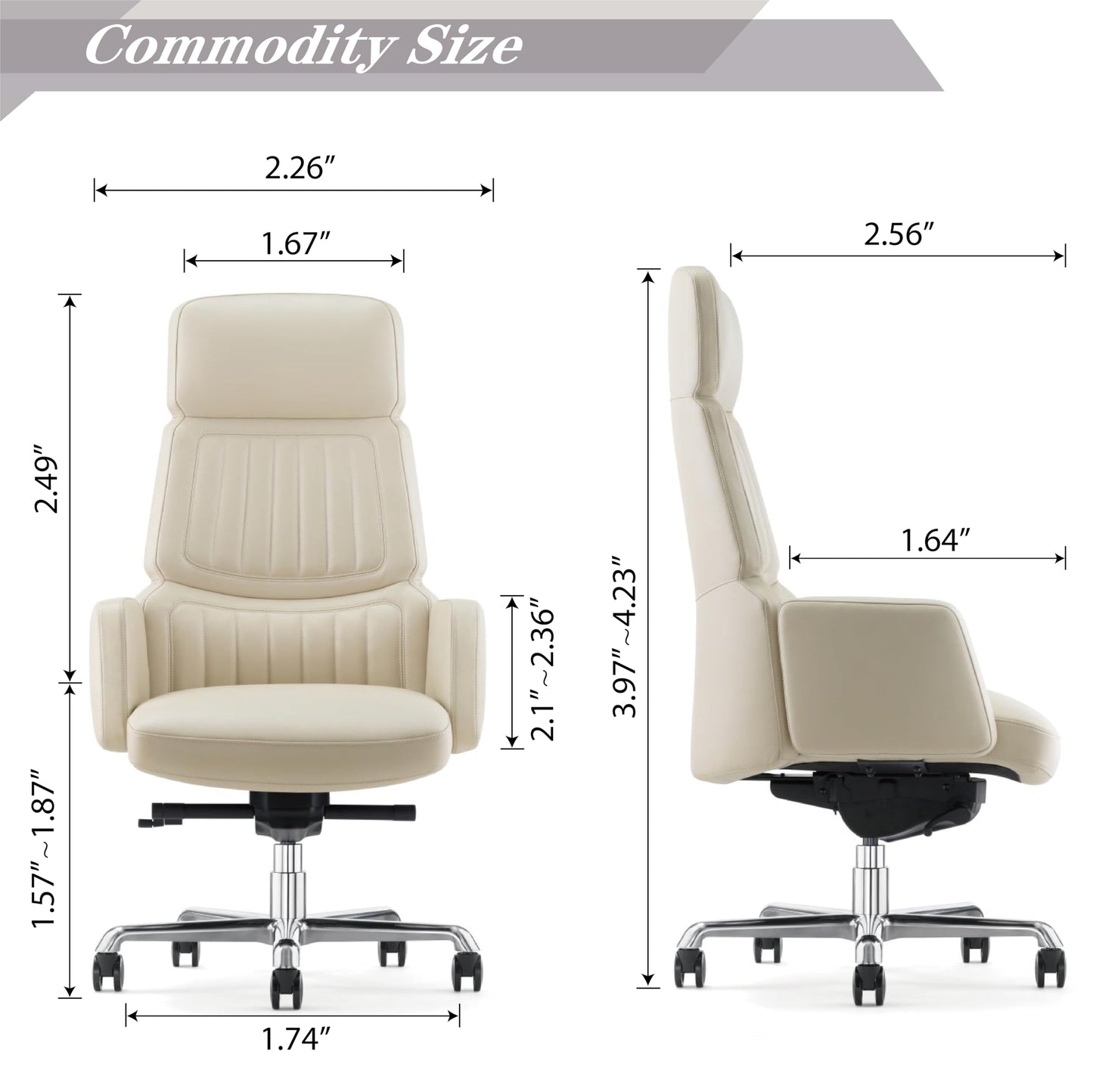FURIJING Genuine Leather Office Desk Chair with High Back Aluminum Swivel Base Ergonomic Synchro-Tilt Reclining Mechanism Real Leather Executive Chair-Light Beige