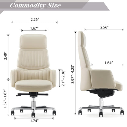 FURIJING Genuine Leather Office Desk Chair with High Back Aluminum Swivel Base Ergonomic Synchro-Tilt Reclining Mechanism Real Leather Executive Chair-Light Beige
