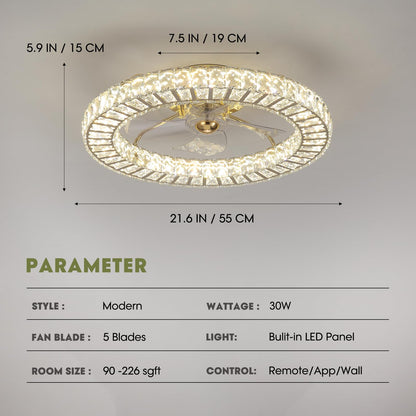 LUDOMIDE Flush Mount Ceiling Fan with Light, 22" Modern Crystal Chandelier Ceiling Fan with Smart 4-Light Color Change, Luxury LED Ceiling Fan, Low Profile Ceiling Fan for Bedroom (Gold)