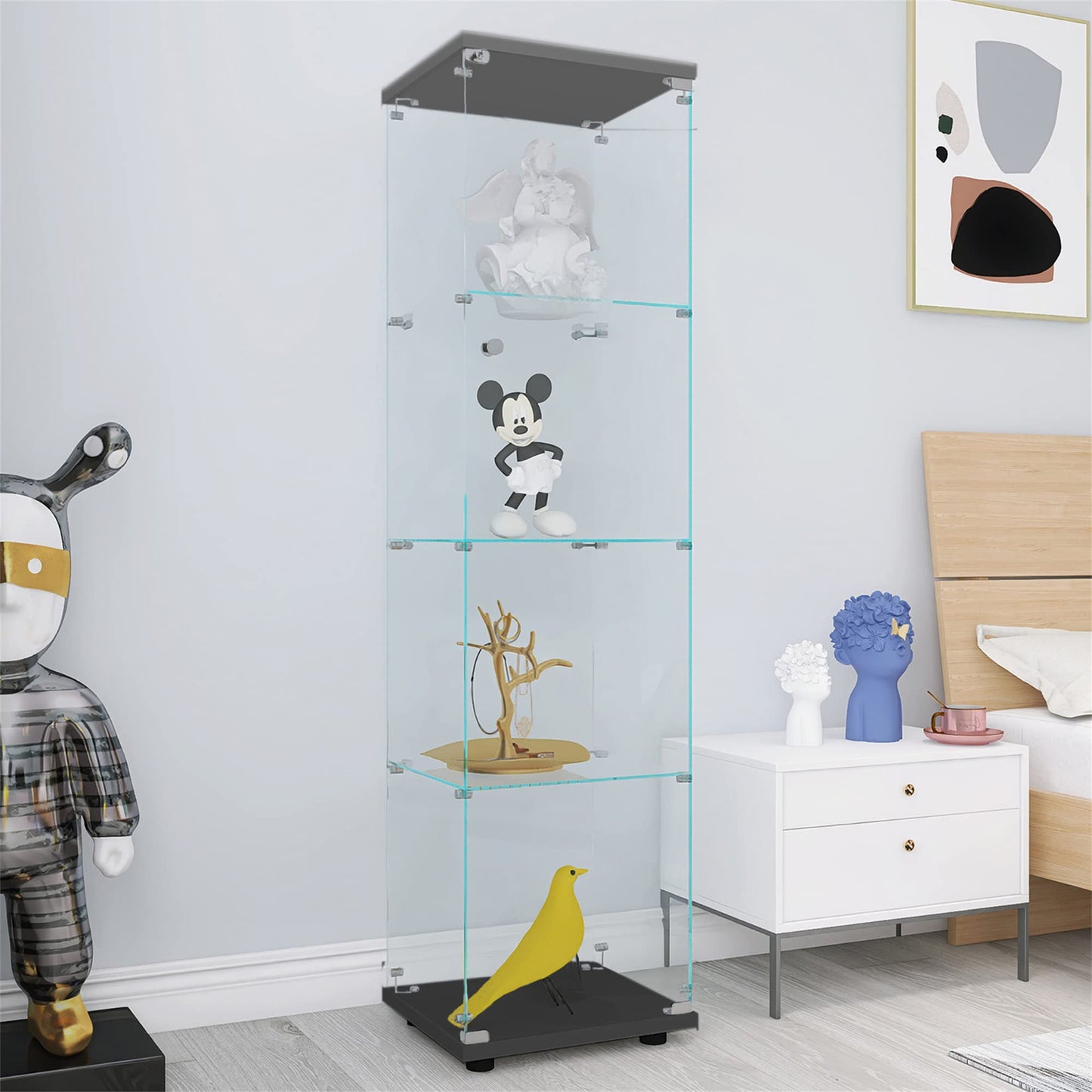 Acosure Glass Display Cabinet 4-Shelf,Curio Cabinets with Door,Floor Standing Bookshelf,Easy Assembly,for Bedroom Living Room Office,Black (17.00" L x 14.70" W x 64.00" H)