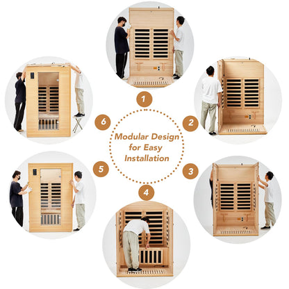 Garvee 2024 Upgrade 1 to 2 Person Sauna, 6 Heating Plate Infrared Physical Therapy Wooden Dry Steam Sauna, Low EMF, MP3 Auxiliary Connection, Dual Controls Inside and Outside Fits, Home Spa Day Use