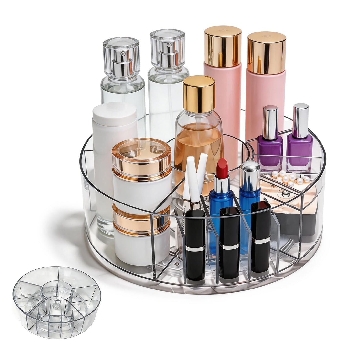 NaiSooten 360° Rotating Acrylic Makeup Organizer, Clear Makeup Brush Holder & Pen Holder, Multi-Compartment Rotating Organizer for Cosmetics, Office Supplies, Vanity & Desk