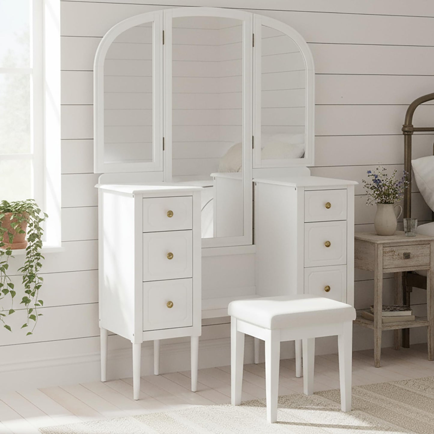 Merax Antique Vanity Desk with Triple Mirror, 46" Makeup Vanity Set with Cushioned Stool, Large Dressing Table with 6 Storage Drawers for Bedroom Dressing Room, White