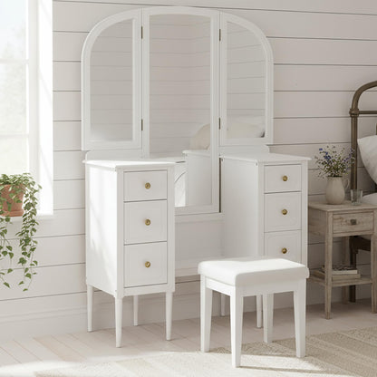 Merax Antique Vanity Desk with Triple Mirror, 46" Makeup Vanity Set with Cushioned Stool, Large Dressing Table with 6 Storage Drawers for Bedroom Dressing Room, White