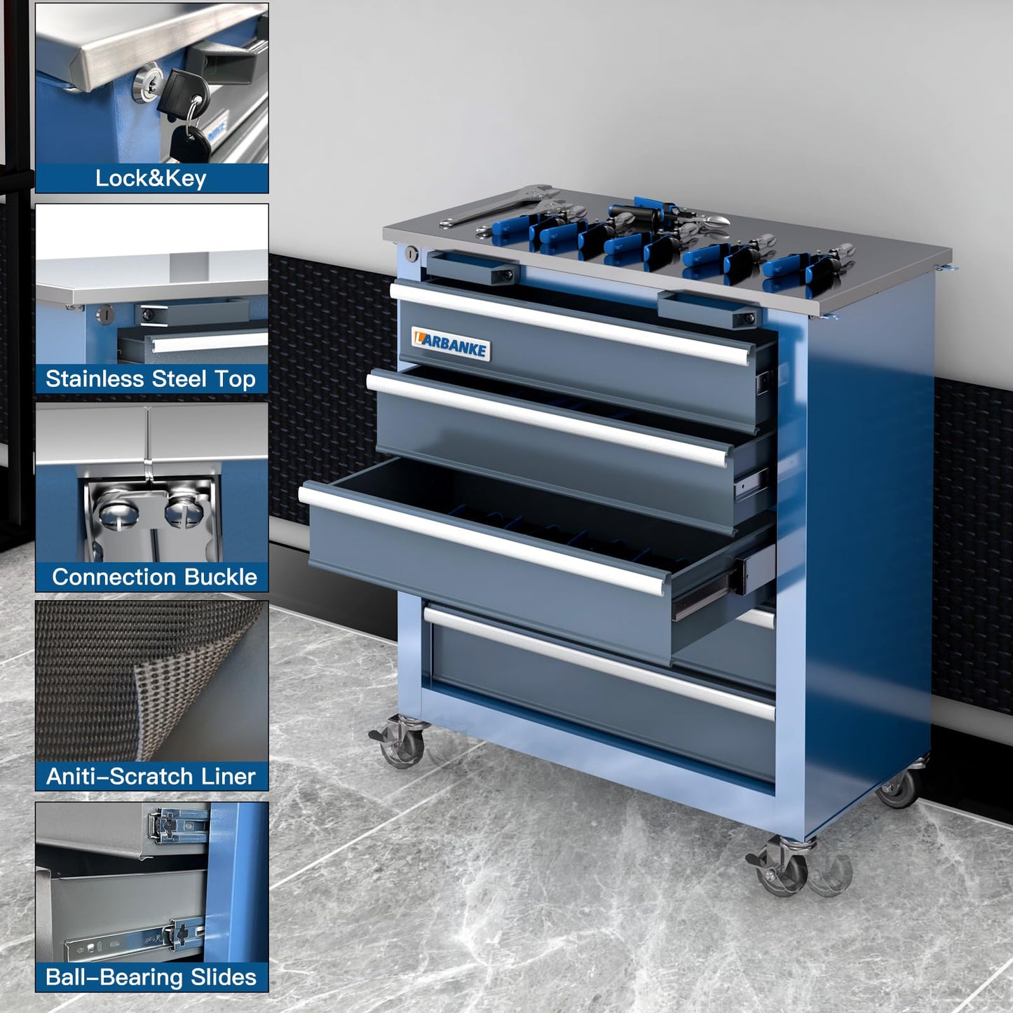 LARBANKE 5-Drawer Tool Chest, Rolling Tool Chest with Wheels, Foot Pads&Locking System,Mobile Storage Tool Cabinet with Stainless Steel Top,Connect Units for A Large Workstation for Office,Garage&Home