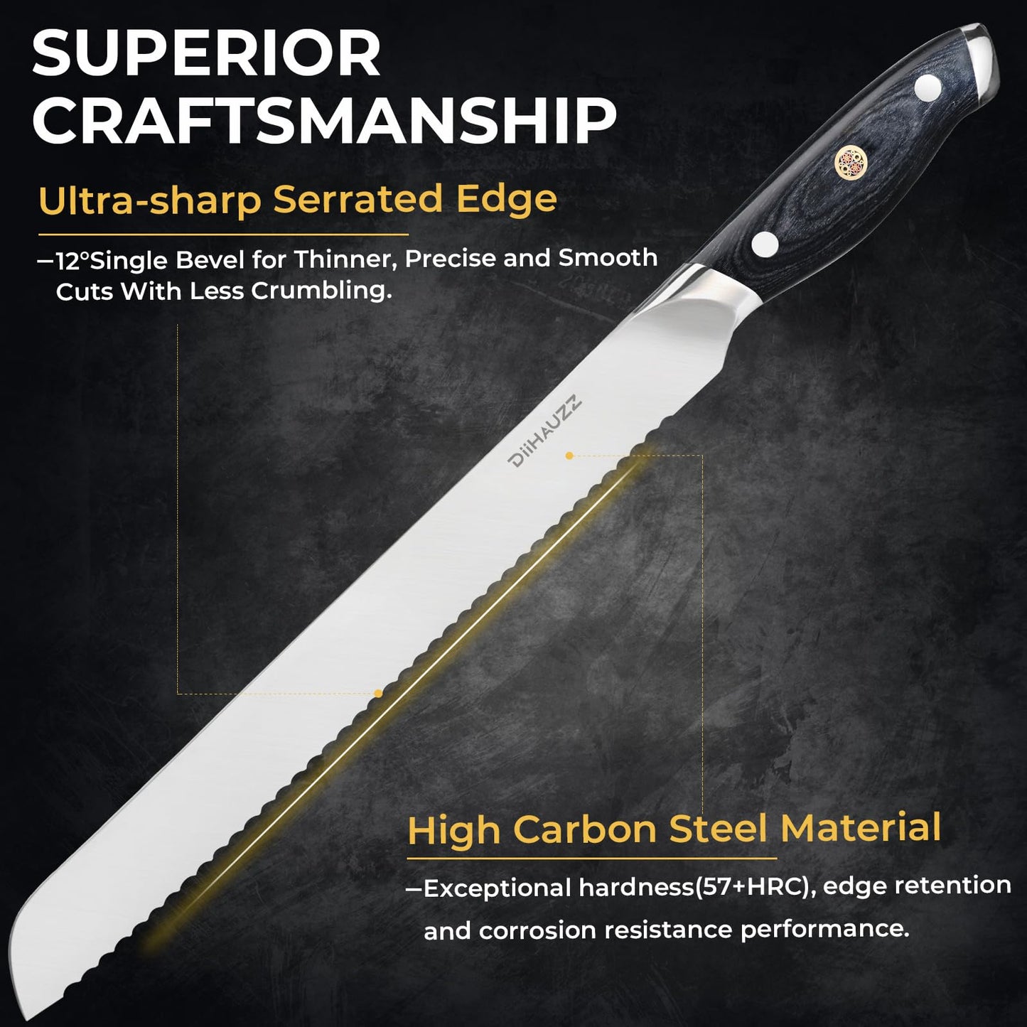 DiiHAUZZ Bread Knife, 10 Inch Serrated Knife for Slicing Homemade Bread, Razor Sharp High Carbon Steel, Professional Bakery Kitchen Knives with Full Tang Ergonomic Handle for Sourdough, Bagel, Cake