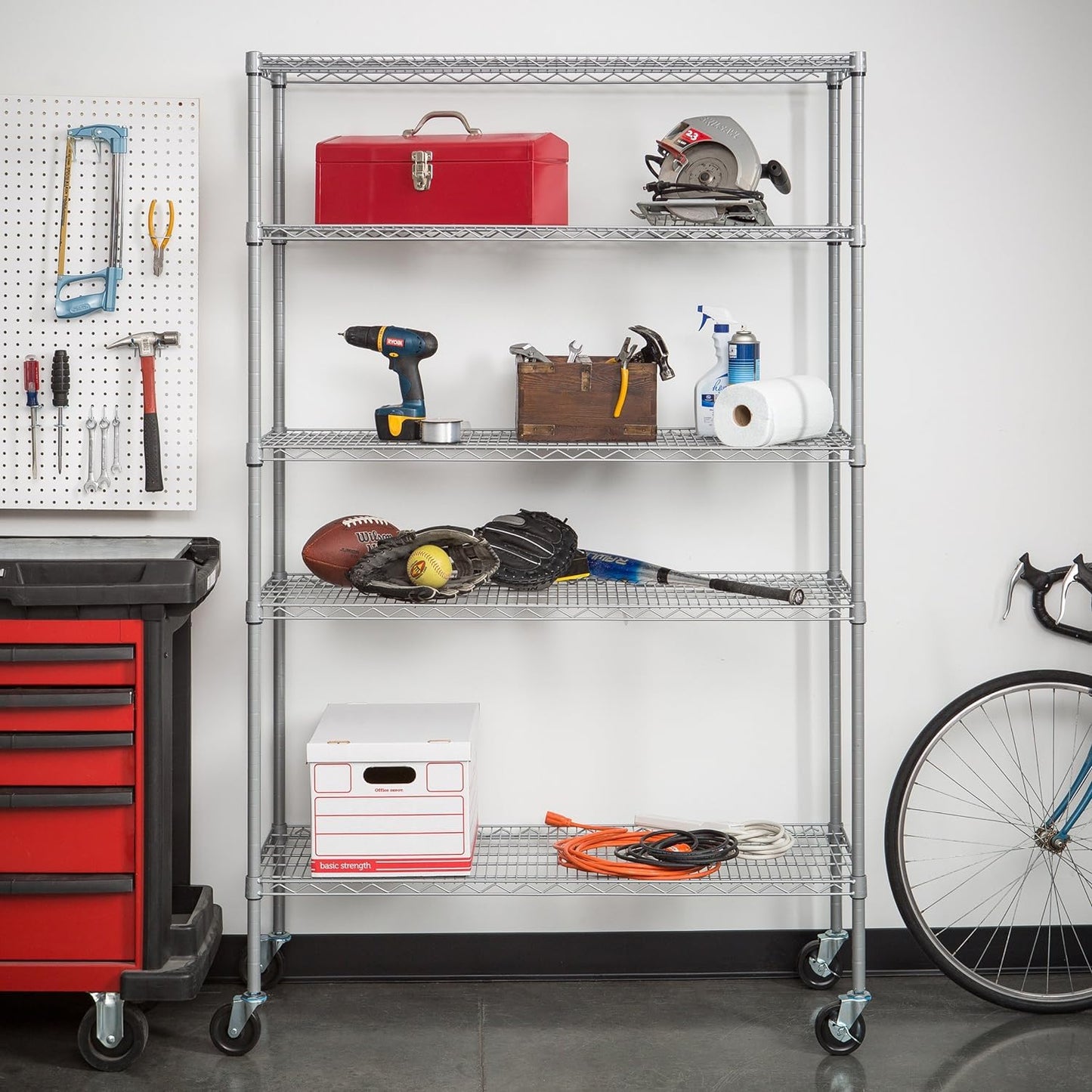 TRINITY EcoStorage Heavy Duty 5-Tier Adjustable Wire Shelving with Wheels for Outdoor Use, Garage Storage and More, NSF Certified, 800-4000 Lb Capacity, Gray, 48" W X 18" D X 72-77" H