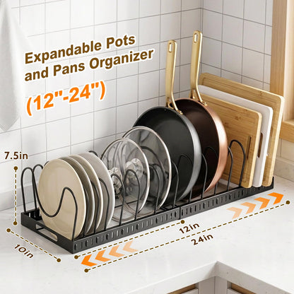 2PACK Expandable (12"-24") Pots and Pans Organizer Under Cabinet with 32 Adjustable Dividers for Kitchen, Pot Lid Organizers Inside Cabinet, Pan Lid Holder, Rust-Resistant Lid Storage, Easy to Clean