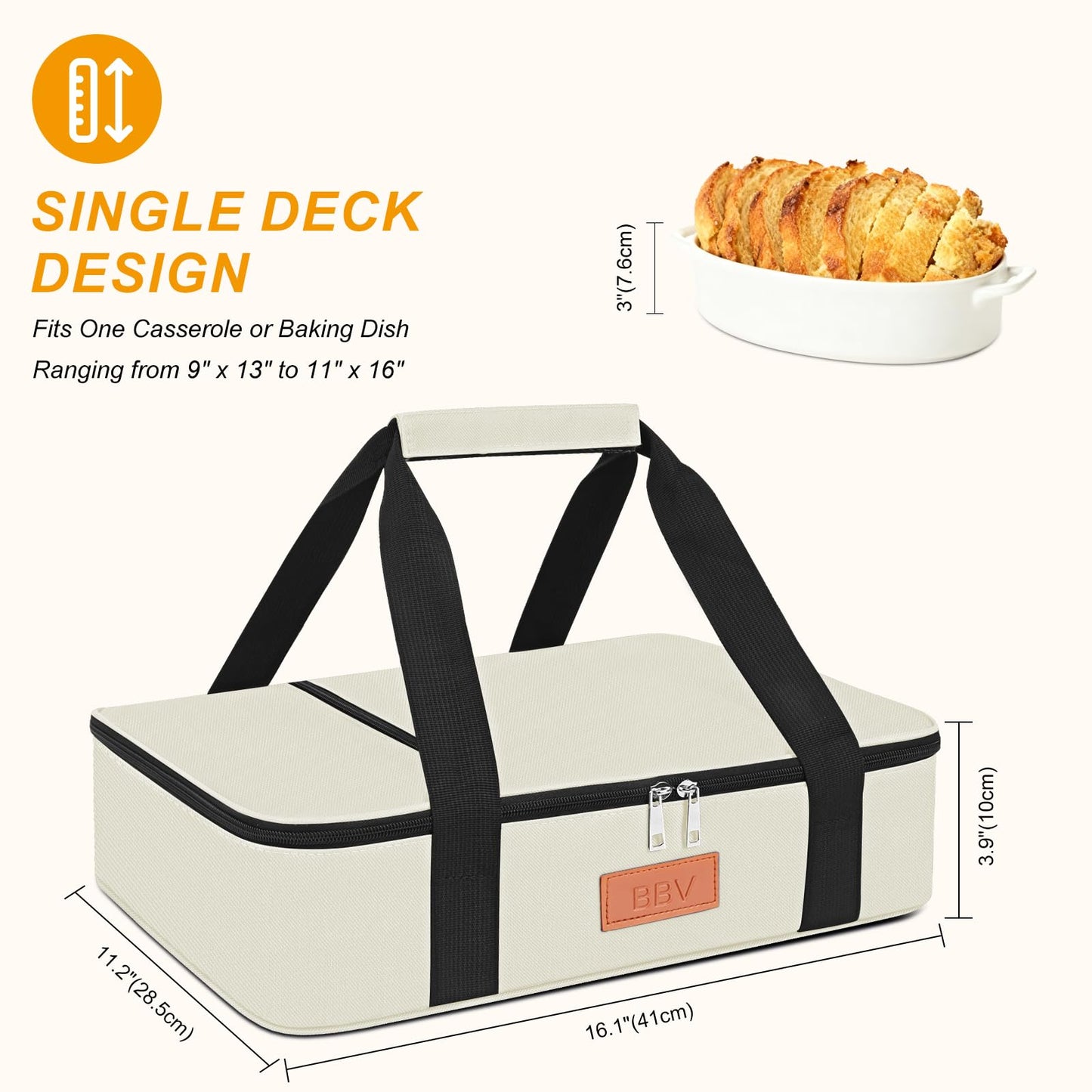BBV Insulated Casserole Carrier for Hot or Cold Food, Food Warmer Bag Fits 9"x13" Baking Dish, Durable Nylon Leak Proof Food Containers for Travel, Potluck, Parties, Picnic, Cookouts (Beige)