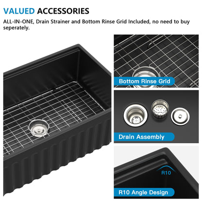 Fulorni 33"x20" Black Farmhouse Sink Workstation – Reversible Apron Front with Ledge, Matte Black Porcelain Ceramic Fireclay Single Bowl Farm Kitchen Sink Basin
