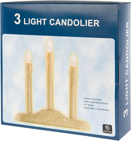 Creative Hobbies 3 Light Electric Candolier, Indoor Christmas Candle Lamp, Ivory Plastic with Clear Bulbs