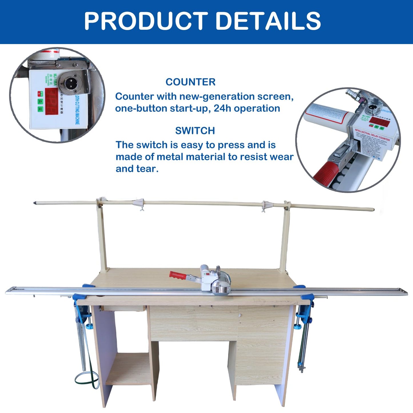 HayWHNKN Fabric Cutter High Speed Cloth Cutting Machine with 86.6inch Guideway and Counter Industrial Fabric End Cutter Machine 220V 180W