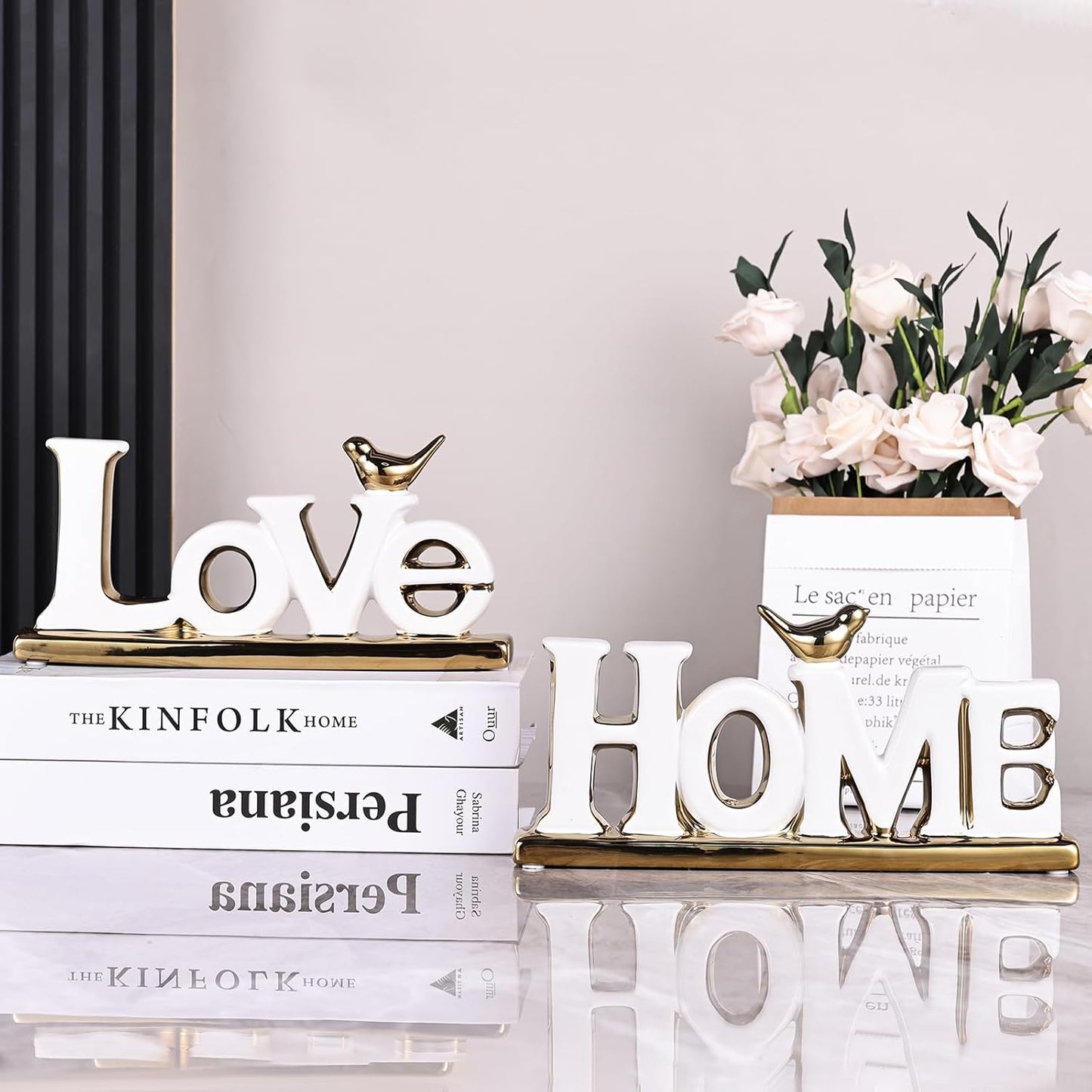 Love Sign, White & Gold Room Decor, Knick Knack Shelf, Gold Bird, Boho Bookshelf, Abstract Statue, For Living Room