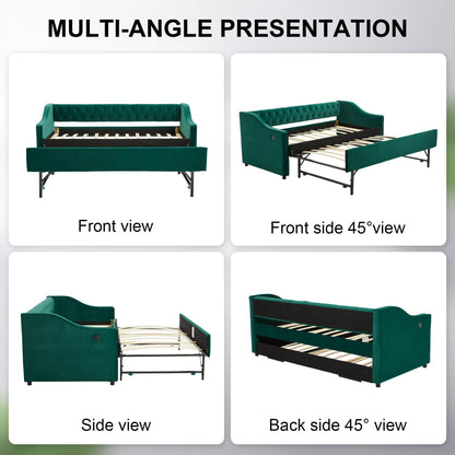 DNYN Button Tufted Design Daybed with Pop-up Trundle & USB Ports for Bedroom Guest Room, Space-Saving Twin Size Velvet Sofabed Frame with Side Storage Pockets, No Box Spring Needed/Easy Assemble