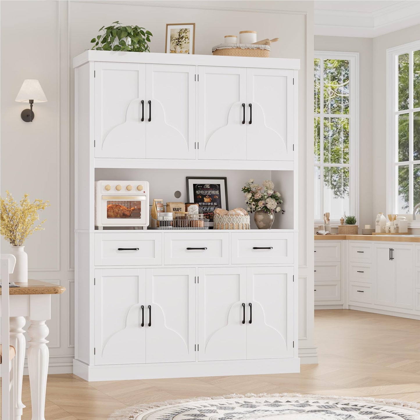 HITHOS 76" Tall Kitchen Pantry Storage Cabinet, 55“ Wide Kitchen Hutch Cabinet with Storage Drawers, Large Food Pantry with Microwave Stand, Modern Cupboard with Hutch for Dining Living Room, White