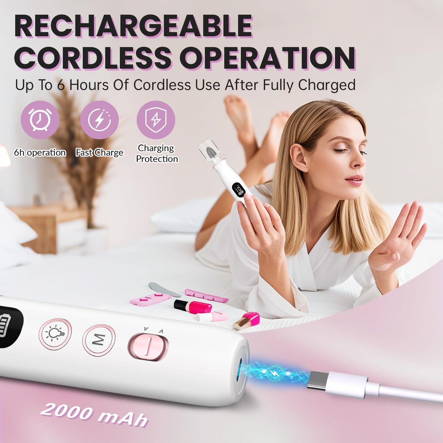 Electric Nail Drill, Cordless 2000 mAh Rechargeable Portable Nail File 12 in 1 Kit for Thick Toenails, 10 Speeds Nail Dril Machine Professional Manicure Pedicure for Hand Natural Nails Care (White)