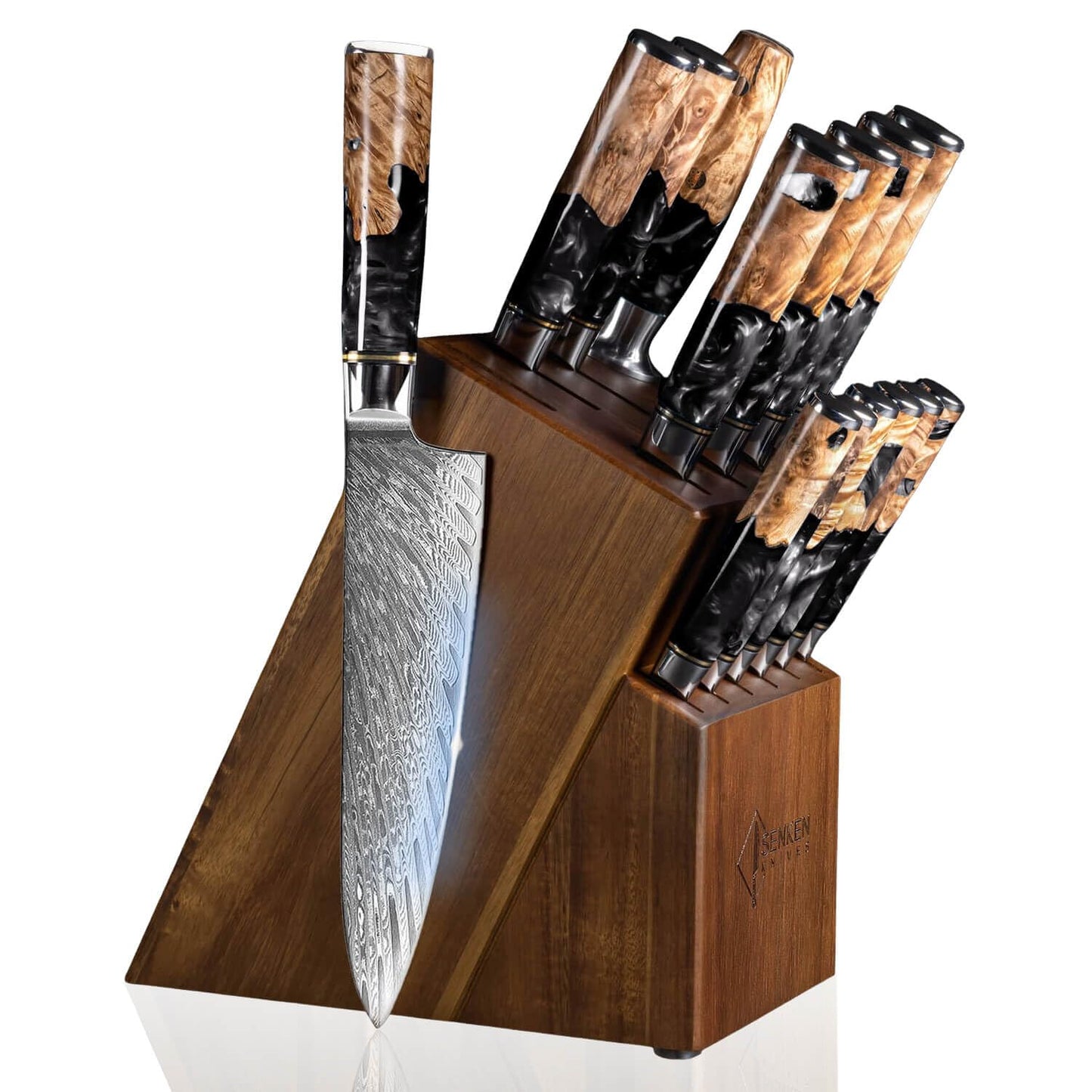 SENKEN 15-Piece Damascus Knife Block Set - Black Tsunami Collection - Japanese Chef Knife Set with 67-Layer Japanese VG10 Steel Blades (15-Piece Knife Block Set)