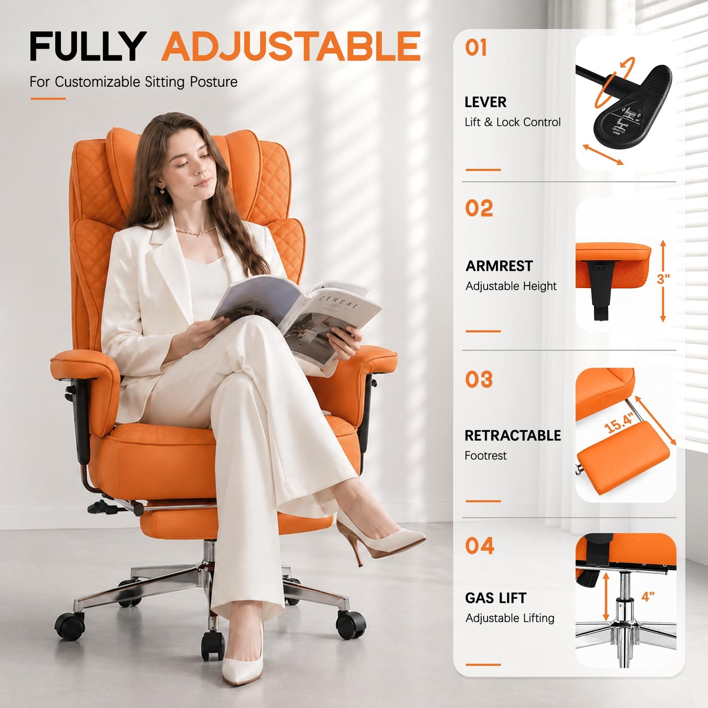 Office Desk Chair, High-Back Big and Tall Leather Chair with Footrest, Ergonomic Reclining Computer Chairs, Comfy Executive Wide Chair with Lumbar Support, Adjustable Padded Armrests, 400LBS (Organge)