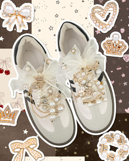 DoDoBeads 68 Pcs Shoe Charms for Sneakers, Elegant Sneaker Charms Kit with Pearls, Crowns, Ribbons & Satin/Lace Shoelaces, Sock Charm for Women, DIY Shoe Lace Decorations