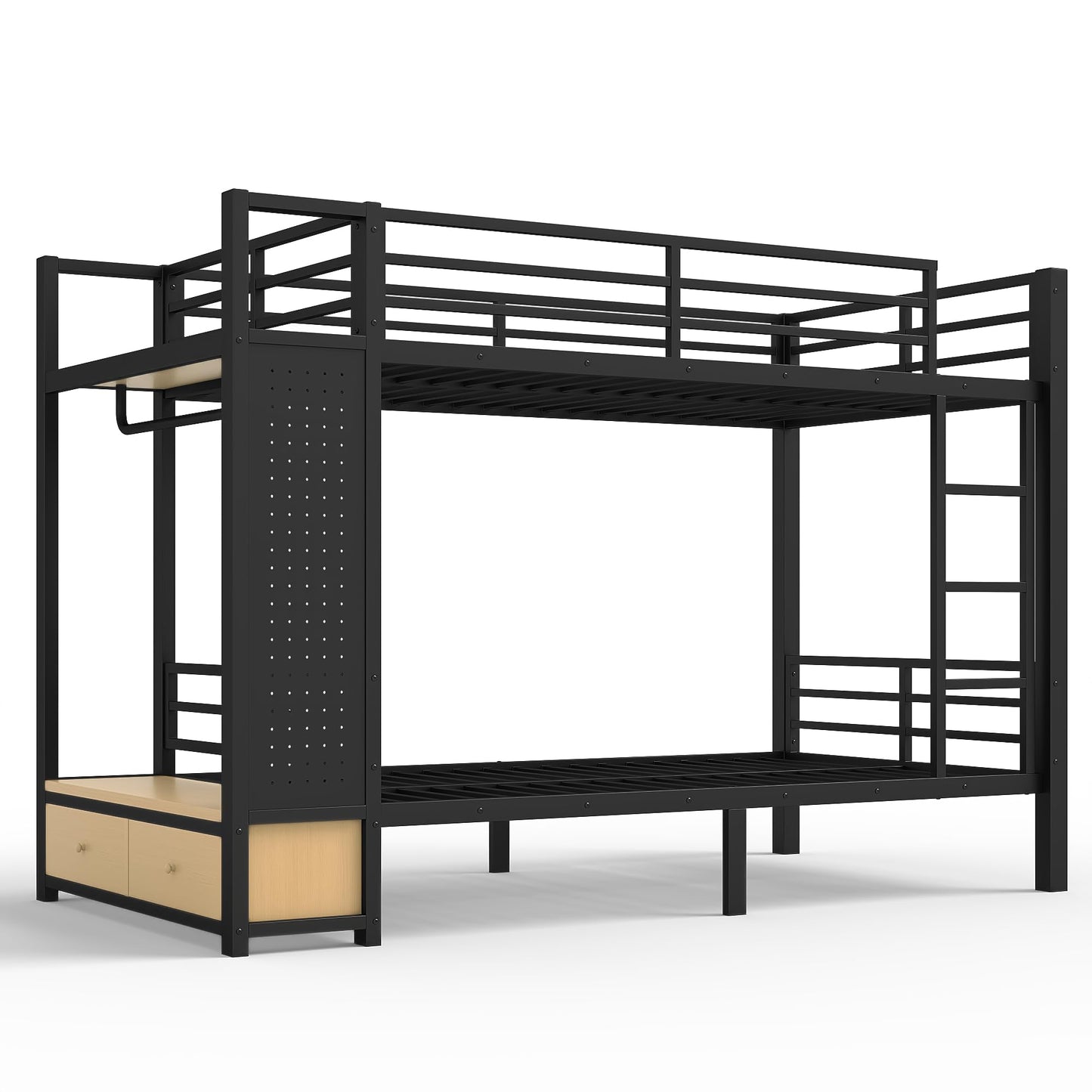 Bellemave Bunk Bed Twin XL Over Twin XL,Metal Bunk Bed with Shelf and Guardrails,Queen Bunk beds with Storage Drawers and Clothes Hooks for Kids, Teens & Adults（Black）
