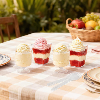 SIJDIEE 120 Pcs Plastic Dessert Cups with Spoons, 5 OZ Mini Clear Plastic Dessert Parfait Cup, Reusable Square Dessert Shot Glasses and Round Goblet for Party Ice Cream Cake Yogurt Fruit Pudding
