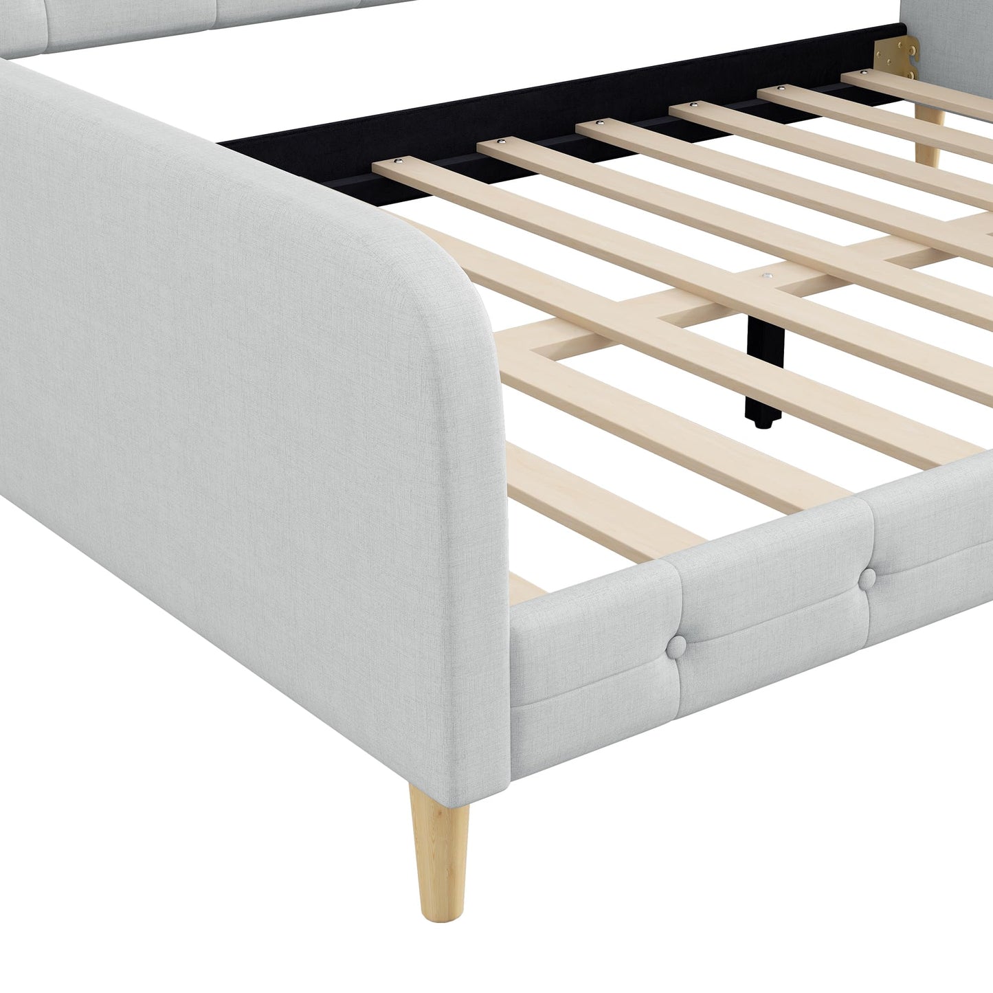 GDFStudio Queen Size Upholstered Daybed with Linen, Solid Pine Wood + MDF Frame, Foam-Filled Backrest, 4 Support Legs, No Box Spring Needed, Sturdy Queen Sofa Bed for Living Room or Guest Room, Beige