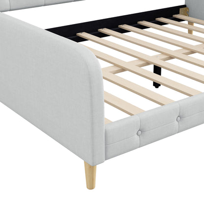 GDFStudio Queen Size Upholstered Daybed with Linen, Solid Pine Wood + MDF Frame, Foam-Filled Backrest, 4 Support Legs, No Box Spring Needed, Sturdy Queen Sofa Bed for Living Room or Guest Room, Beige