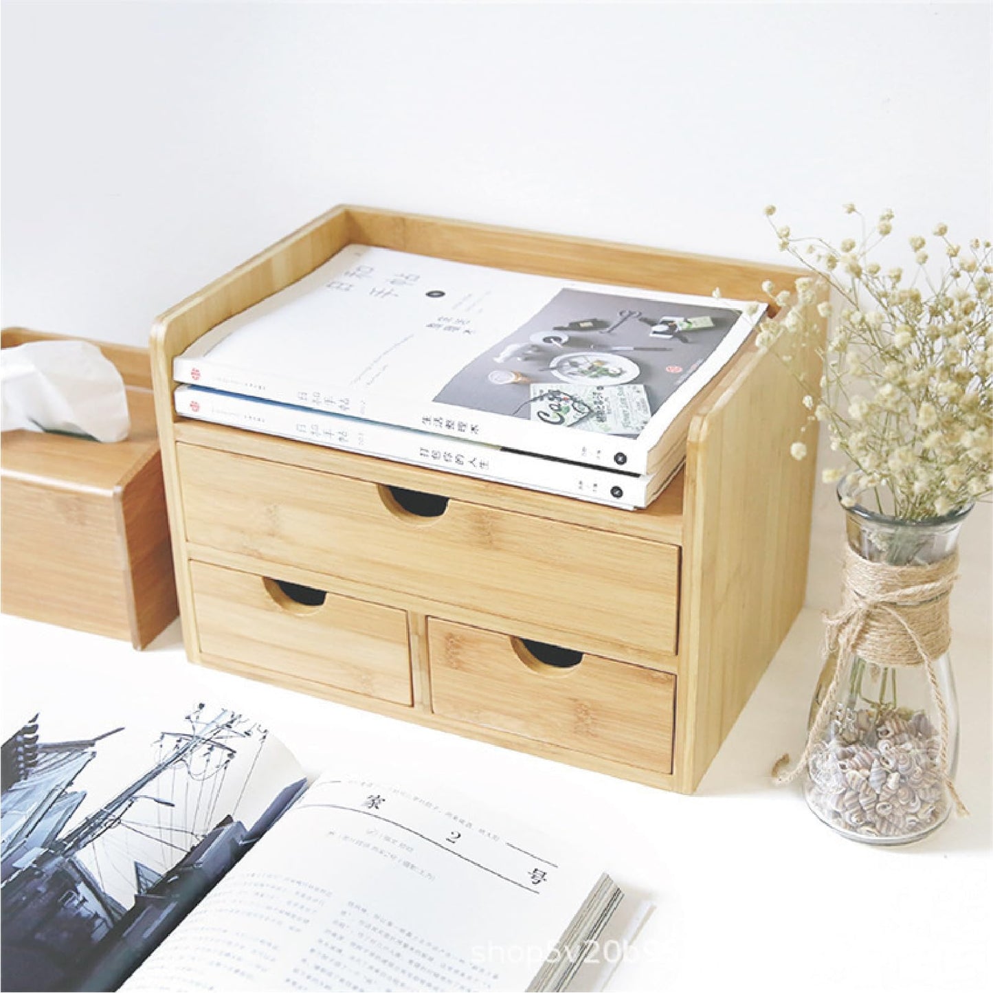 MAGIC BAMBOO 3 Drawer Bamboo Desk Organizer with Shelf – Makeup Storage & Tabletop Organizer for Home Office, Workspace, or Bathroom – No Assembly Required