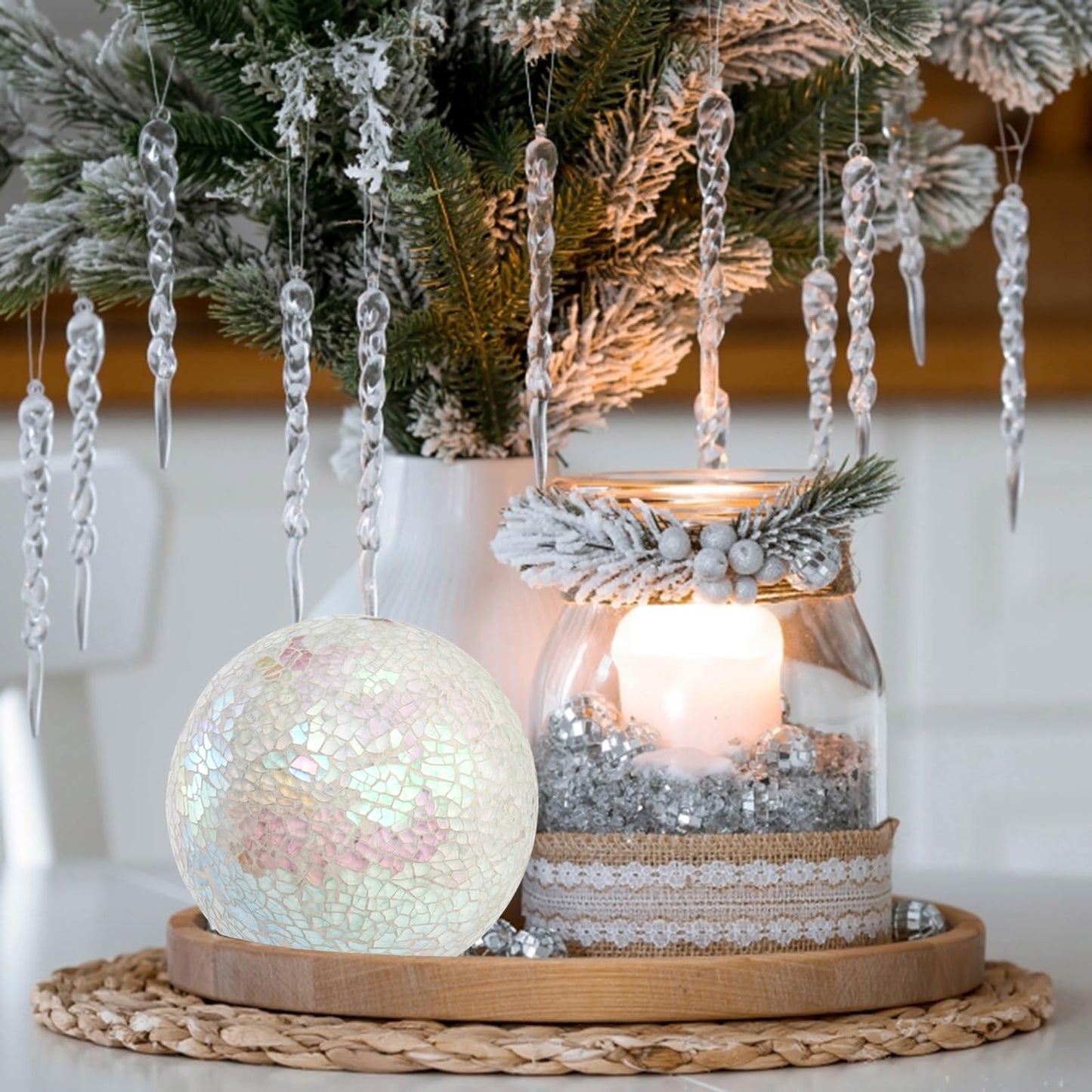 TOPZEA Set of 3 Decorative Balls, 4 Inch Glass Mosaic Orbs Sphere Bowl Fillers, Coffee Table Centerpiece Ball Ornaments for Living Room, Christmas, Holiday Party, White Home Decor
