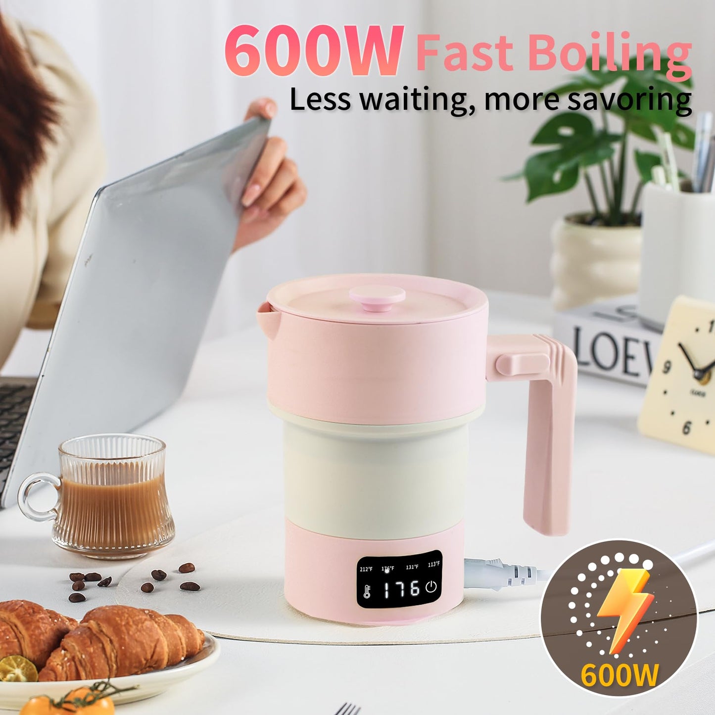 UPEZAN Travel Electric Kettle-Collapsible Portable Electric Kettle, 600W Foldable Small Water Boiler with 4-Temp Presets, Food Grade Silicone for Hotel, Office, Camping (Pink, 600mL)