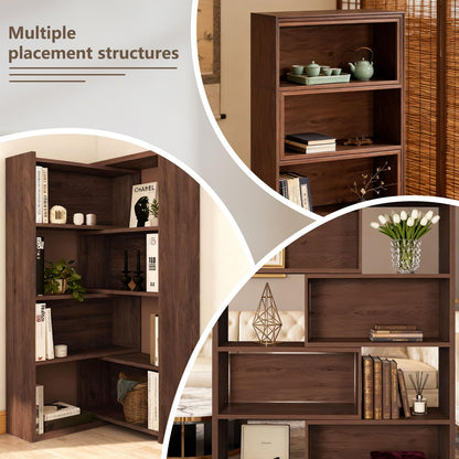 SimpArt Expandable 3-in-1 Bookcase with Adjustable Width, 4-Tier Wooden Storage Shelf, Convertible Straight or L-Shaped Corner Bookshelf for Living Room Bedroom Office