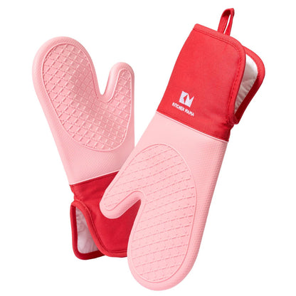 Kitchen Mama UltraShield Silicone Oven Mitts – Heat Resistant, Non-Slip Surface, Durable, Safe, Pot Holders, FlexiblWaterproof Glove Set, Perfect for Cooking, Baking, Grilling, BBQ (Red)