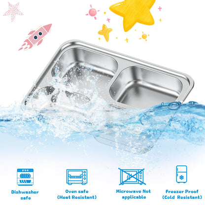 Bakpoco Stainless Steel Divided Plate for Kids Toddler, Non Toxic Portion Control Plate Dinner Plate with Lid for Adults Weight Loss, 2 Pack 4 Sections Rectangular Snack Plate Tray