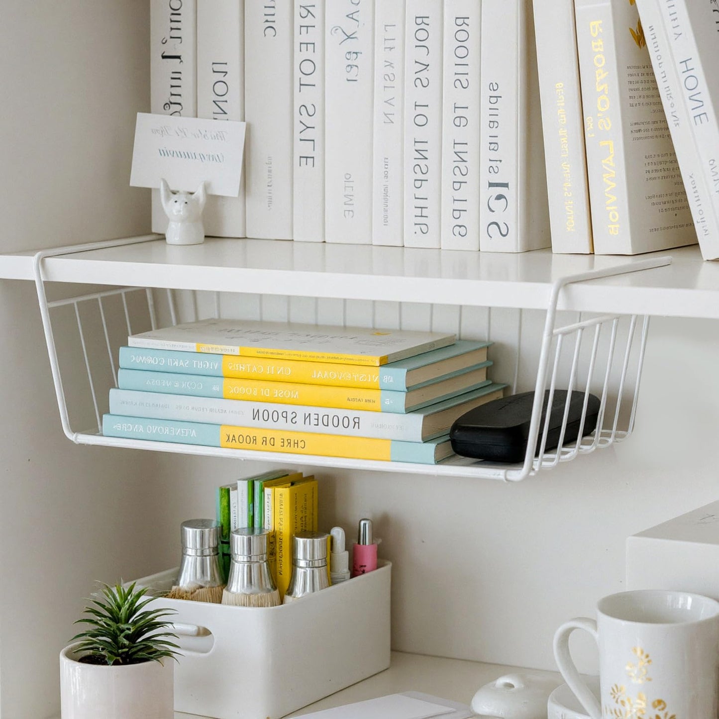 4-Pack White Under Cabinet Storage Baskets – Hanging Shelf Organizers for Kitchen, Pantry, Desk & Bookshelf – No-Tool Installation, Space-Saving Design
