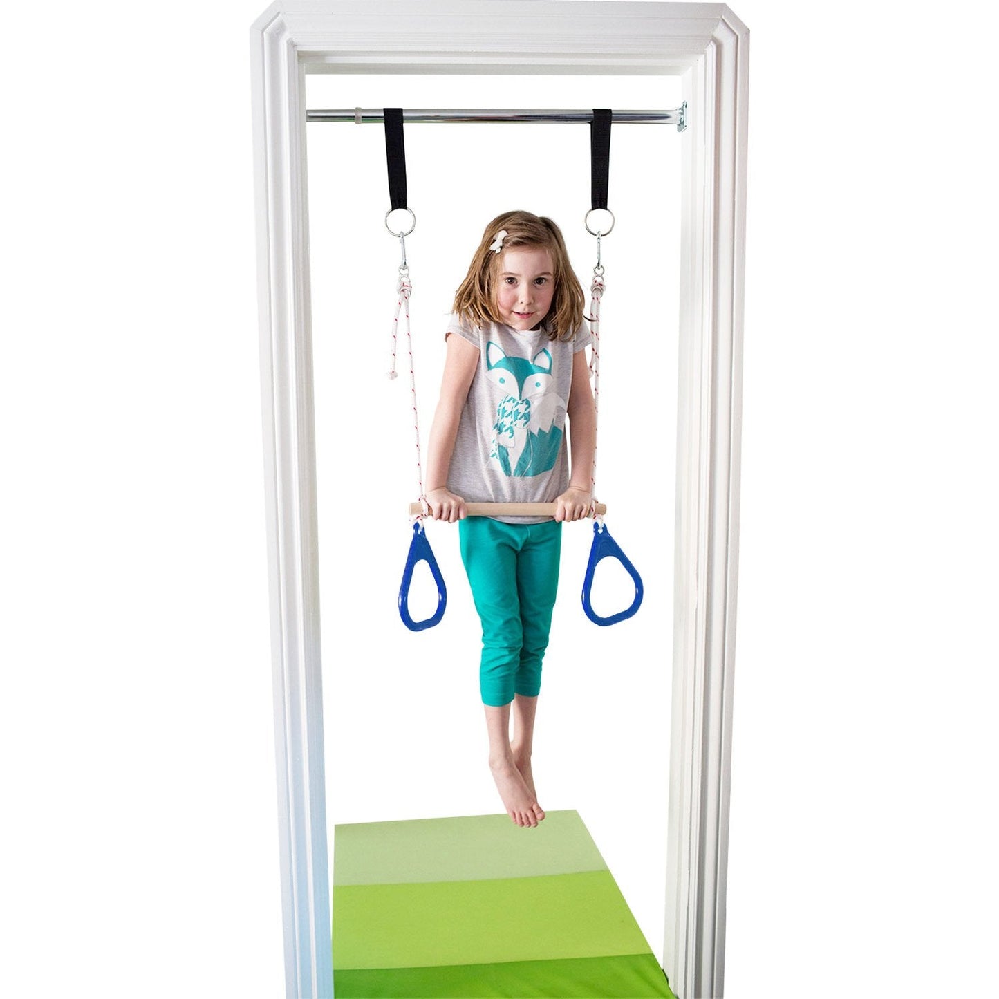DreamGYM Doorway Swing for Kids Indoor - Trapeze Bar and Blue Gymnastic Rings Combo