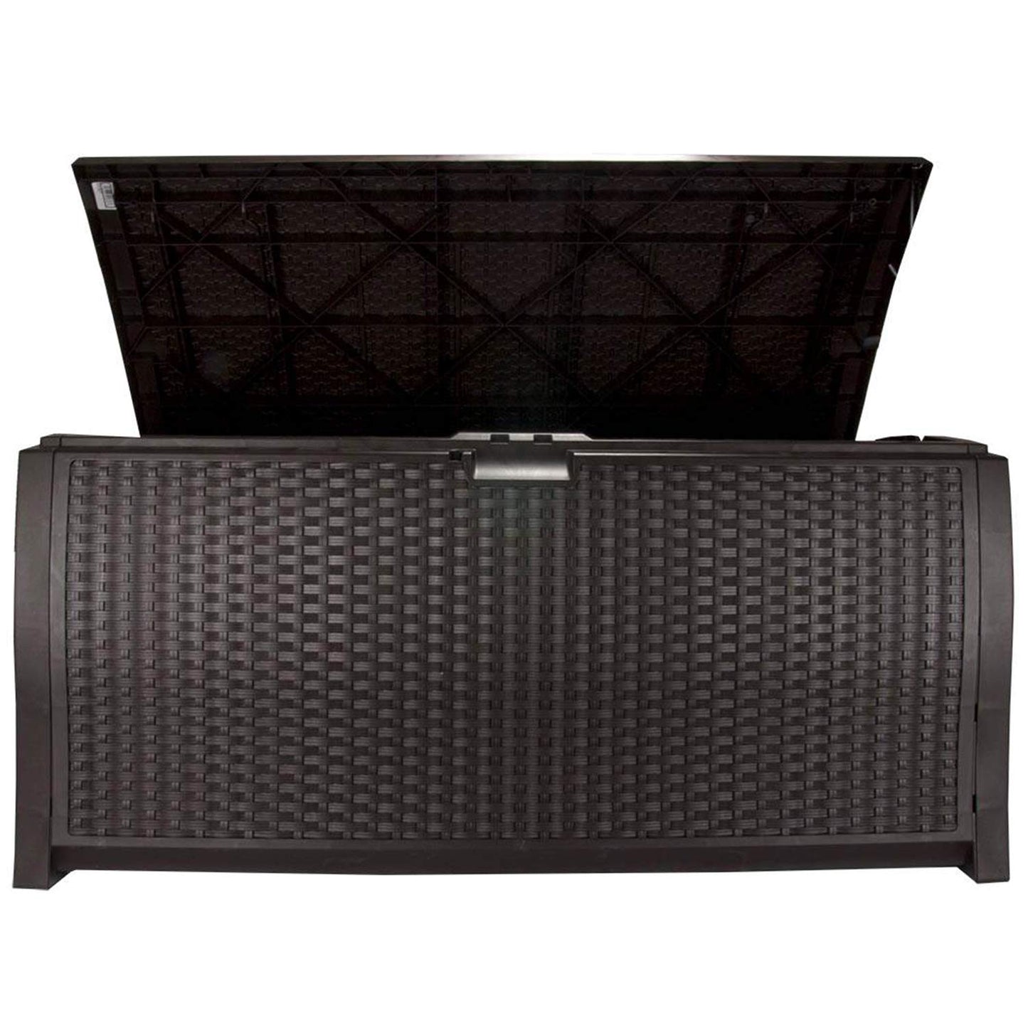 Suncast 99 Gallon Plastic Wicker Deck Box Container Storage for Garden, Garage, Home, Pool, Indoor and Outdoor Use, Mocha (2 Pack)