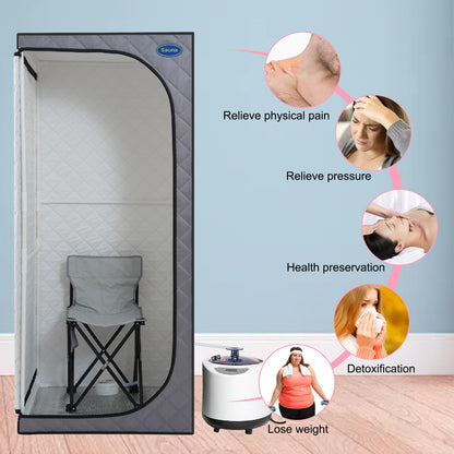 Full Size Portable Grey Steam Sauna Tent–Personal Home Spa, with Steam Generator, Remote Control, Foldable Chair, Timer and PVC Pipe Connector Easy to Install.Fast Heating, with Fcc Certification