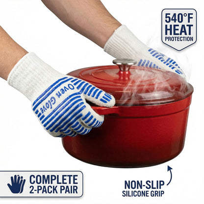 Heat Resistant Oven Gloves - 2 Pack, 540 Degree Professional Grade Oven Mitts with Fingers, Non-Slip Silicone Grip Cooking Gloves for Baking, Grilling, BBQ, Fireplace and Sourdough