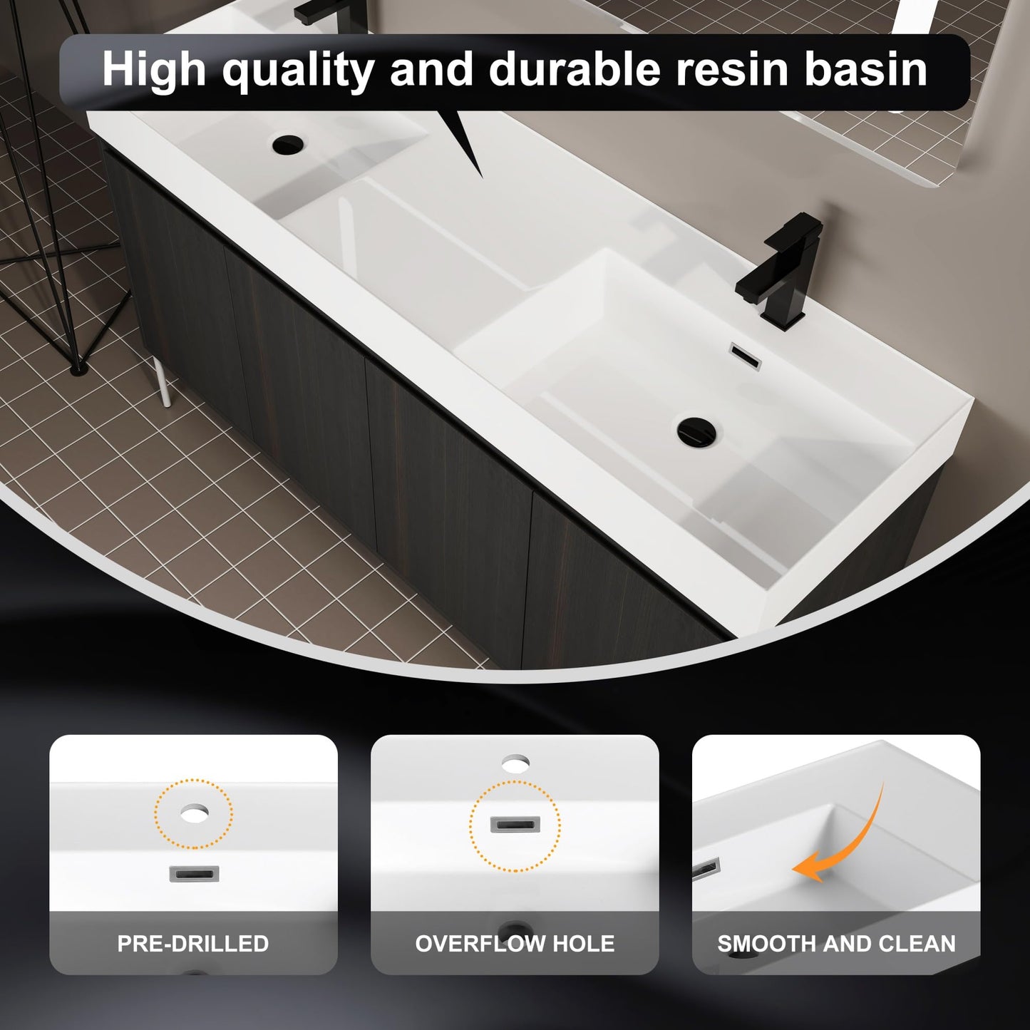 KEIKI 60" Freestanding Bathroom Vanity with Resin Double Sink, Modern Bathroom Storage Cabinet with Soft Closing Doors & Solid Metal Legs, 60 inches Double Sink Bathroom Vanity with 45° Bevel Handle