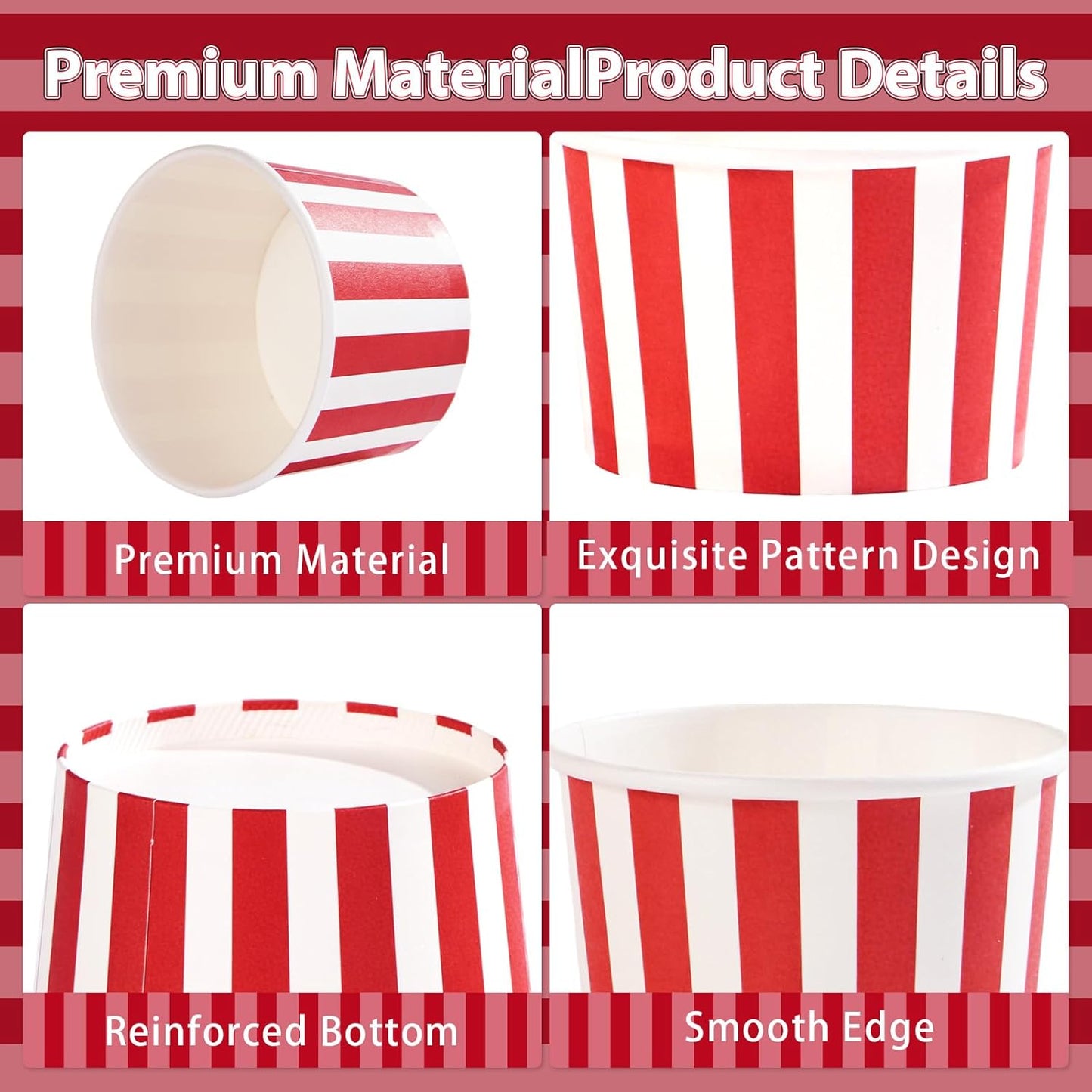 120Pcs 12 oz Summer Grencian Red Ice Cream Cups Disposable Red and White Stripes Paper Dessert Snack Bowls BBQ Yogurt