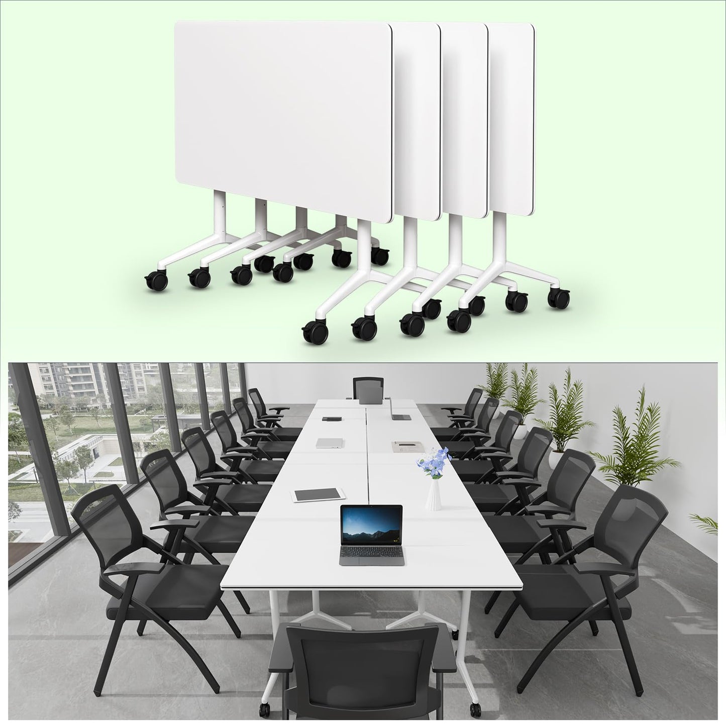 Modular Folding Conference Room Table with Wheels - 4 Pack Flip Top Mobile Training Table,Modern Meeting Tables 2-30 Person,White,55.1"x21.6"x29.5"