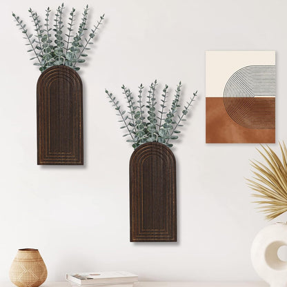Dnnnii 2 Pack Wooden Wall Vase Set - Dark Brown Finish Modern Farmhouse & Boho Wall Decor for Entryway, Hallway, Bathroom, Living Room, Dining Room, Narrow Spaces